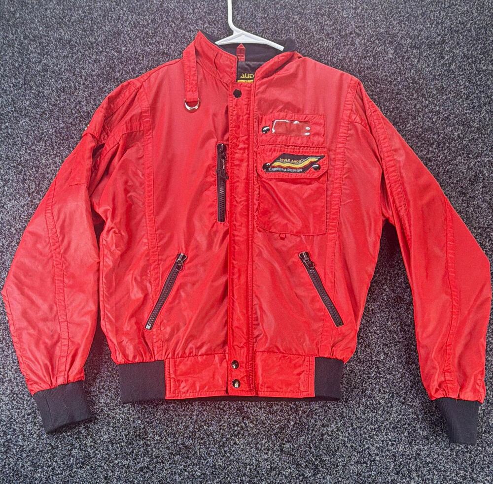 Style Auto Red Bomber Jacket Full Zip Stand-Up Collar Logo Accents Men’s M
